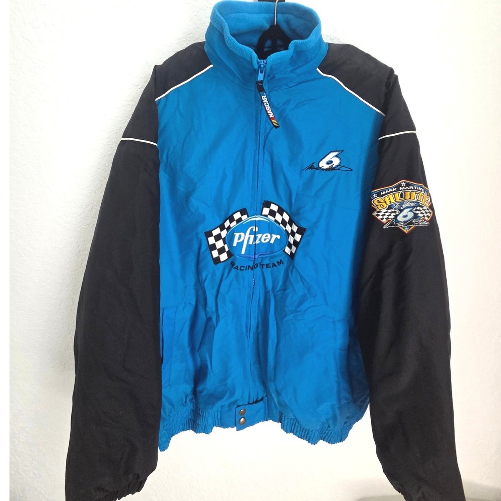 Vintage Mark Martin NASCAR Racing Jacket Pfizer Checkered Flag Sports Blue SizeL